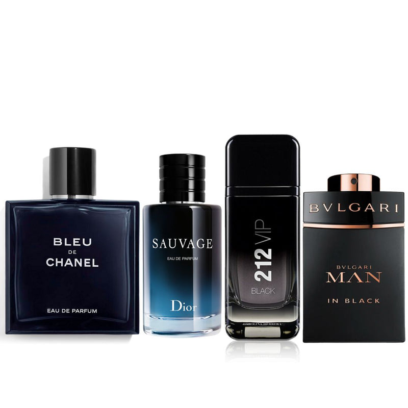 KIT 4 PERFUMES: SAUVAGE, BLEU, 212 VIP, BVLGARI